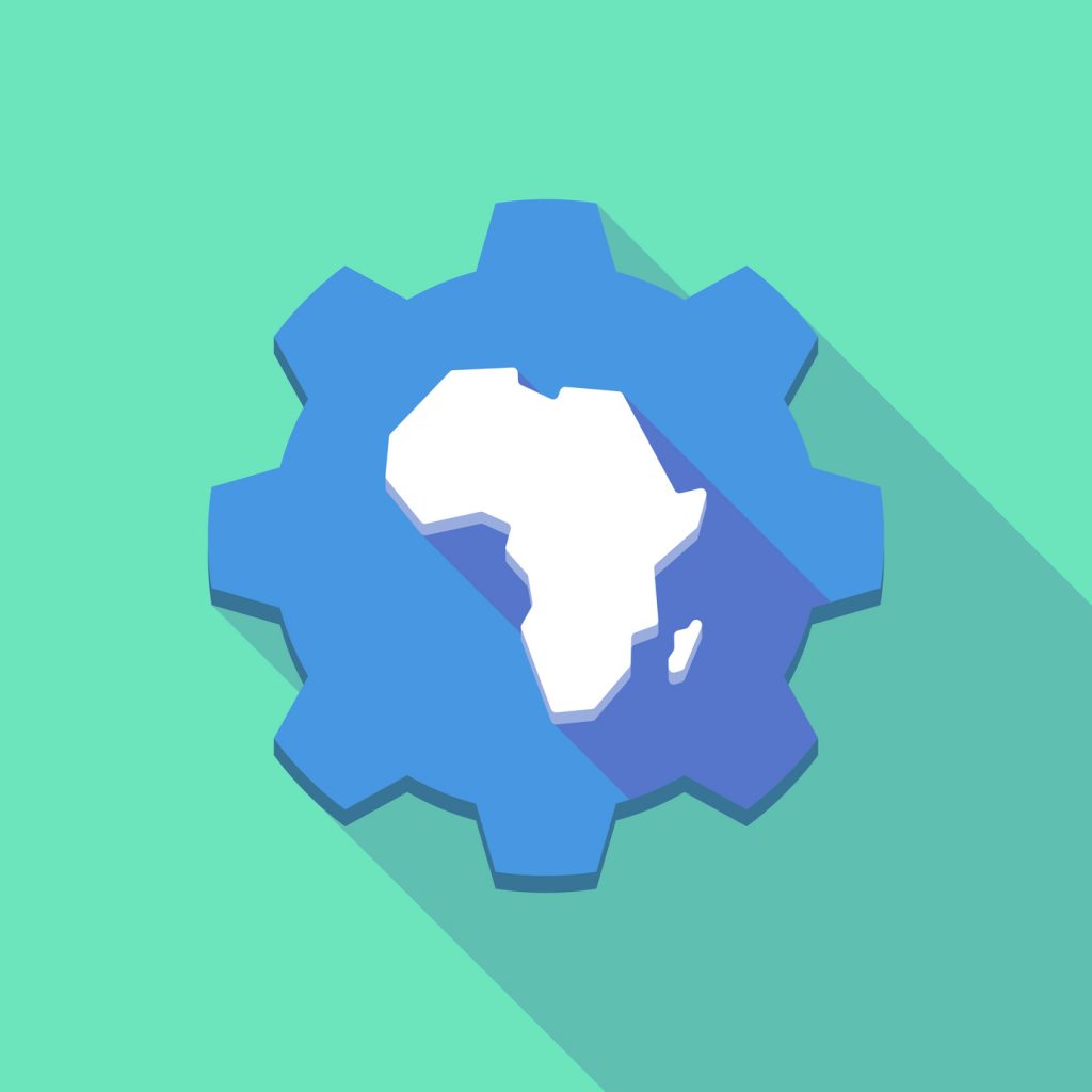 Illustration of a long shadow gear icon with a map of the african continent